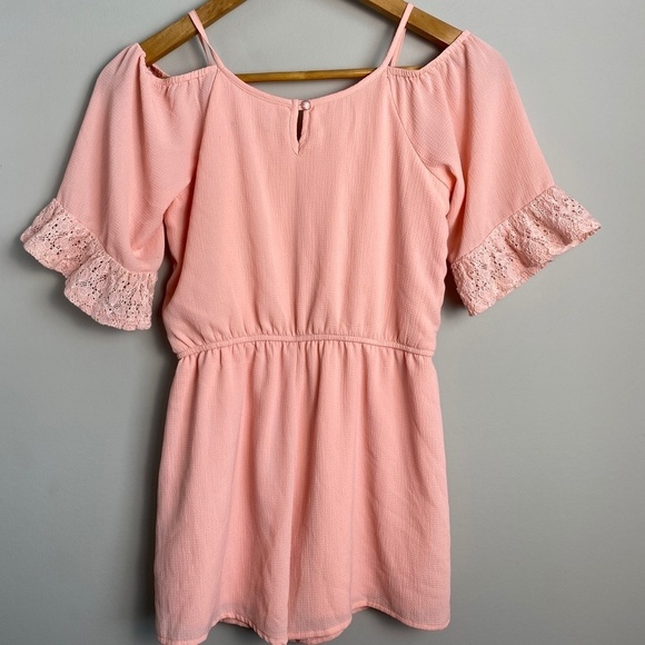 Zunie Girl's Light Salmon Romper 1/2 Sleeve Off Shoulder Lace Trim Lined Size 10 - Picture 6 of 16